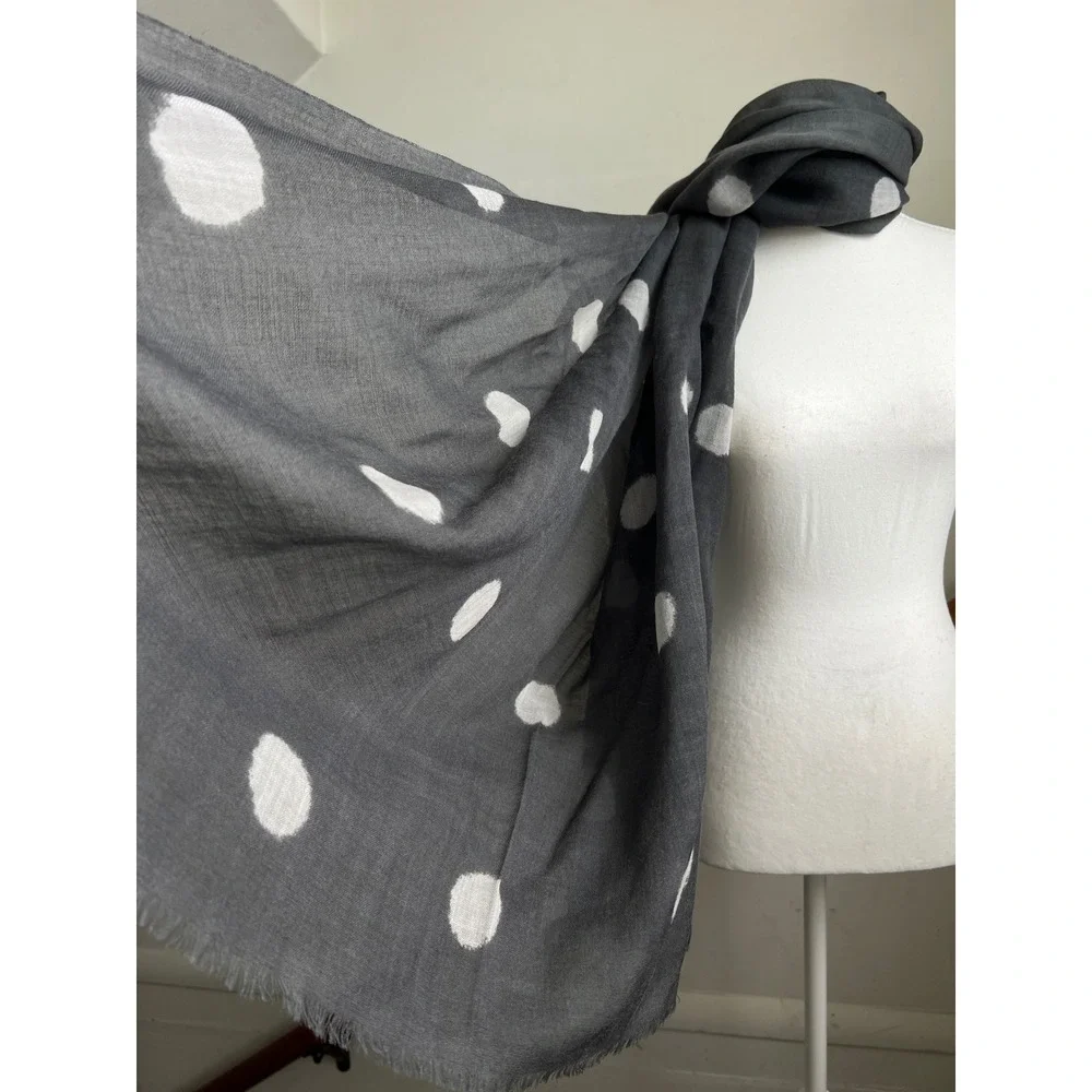 Galeries Lafayette Scarf Gray White Polka Dot Wool Frayed Fringe Wrap Shawl